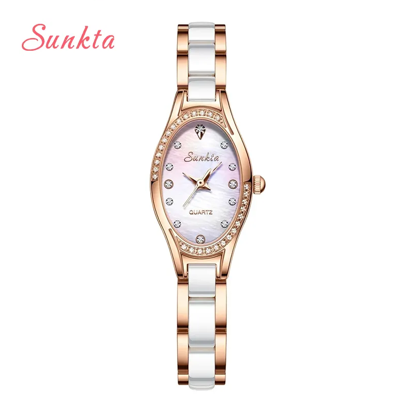 SUNKTA Fashion Luxury Stainless Steel ladies Wristwatch (White)